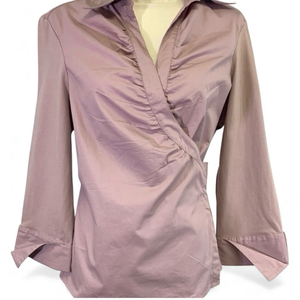 Vintage Newport News lavender Wrap Blouse – Soft Cotton Knit Sleeves & Back SZ16
